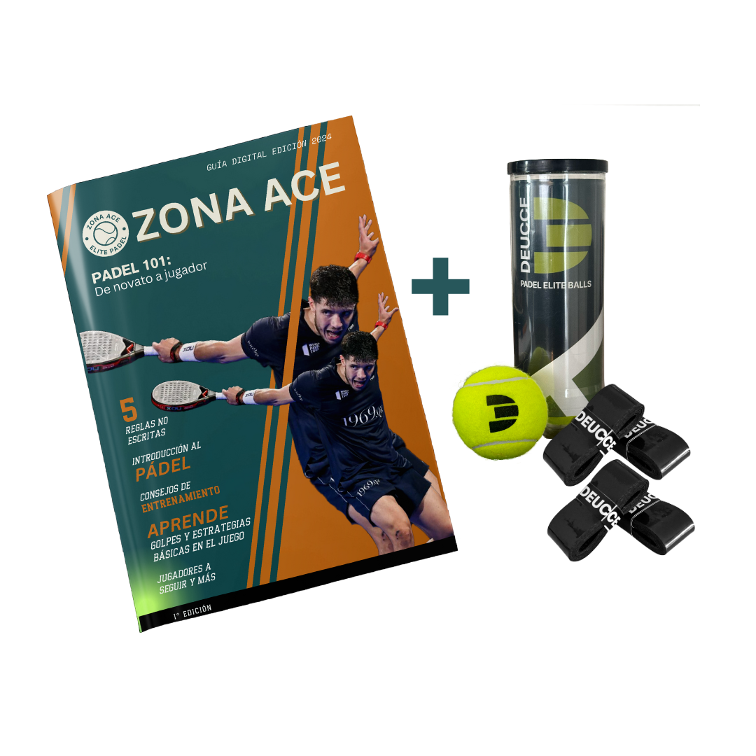 Guía Digital Zona Ace + 1 Bote Pelotas Padel Elite + 4 Overgrips Deucce